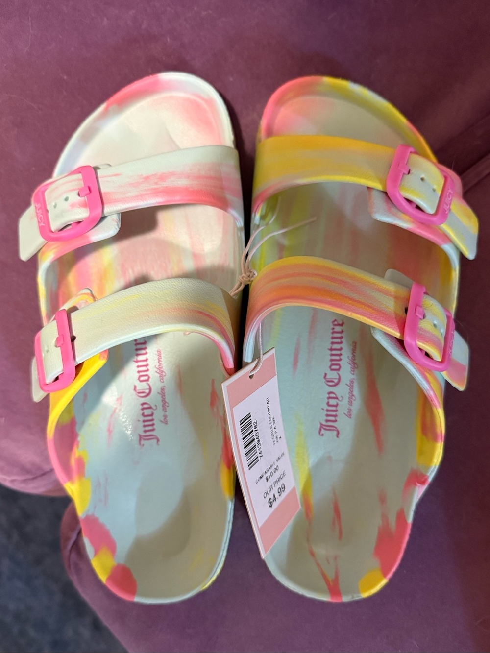Juicy Couture Kids' Pink, Yellow & White Tie-Dye Double Strap Slide Sandals